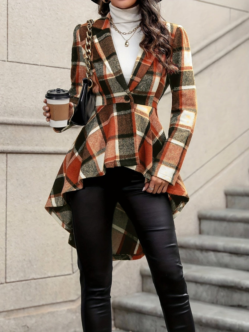 Women's Open-Front Checked Swing Jacket
