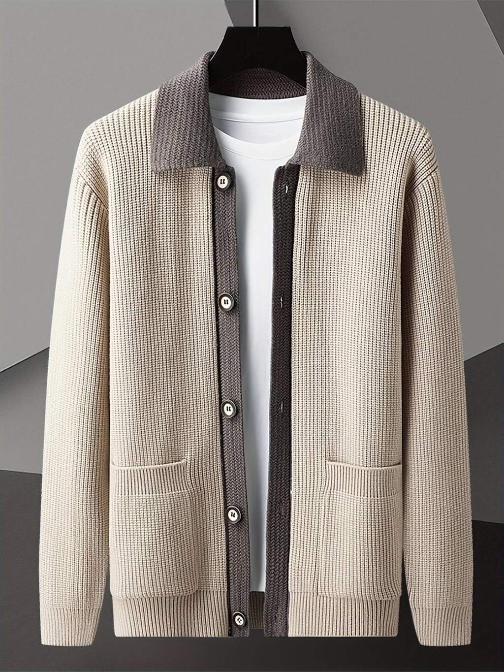 Men's Smart-Casual Rib Cardigan with Pointed Contrast Collar