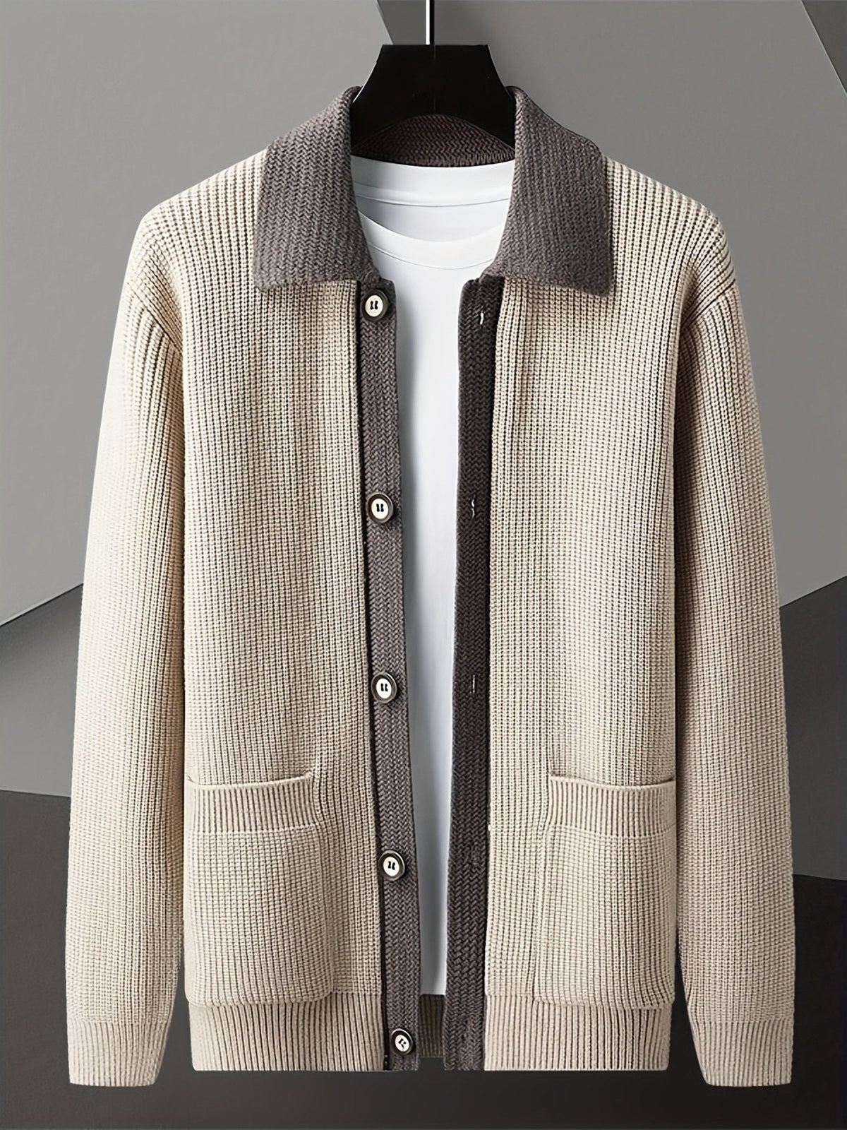 Men's Smart-Casual Rib Cardigan with Pointed Contrast Collar