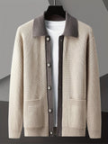 Men's Smart-Casual Rib Cardigan with Pointed Contrast Collar - Apricot