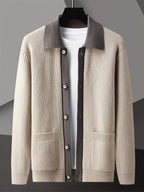 Men's Smart-Casual Rib Cardigan with Pointed Contrast Collar - Apricot