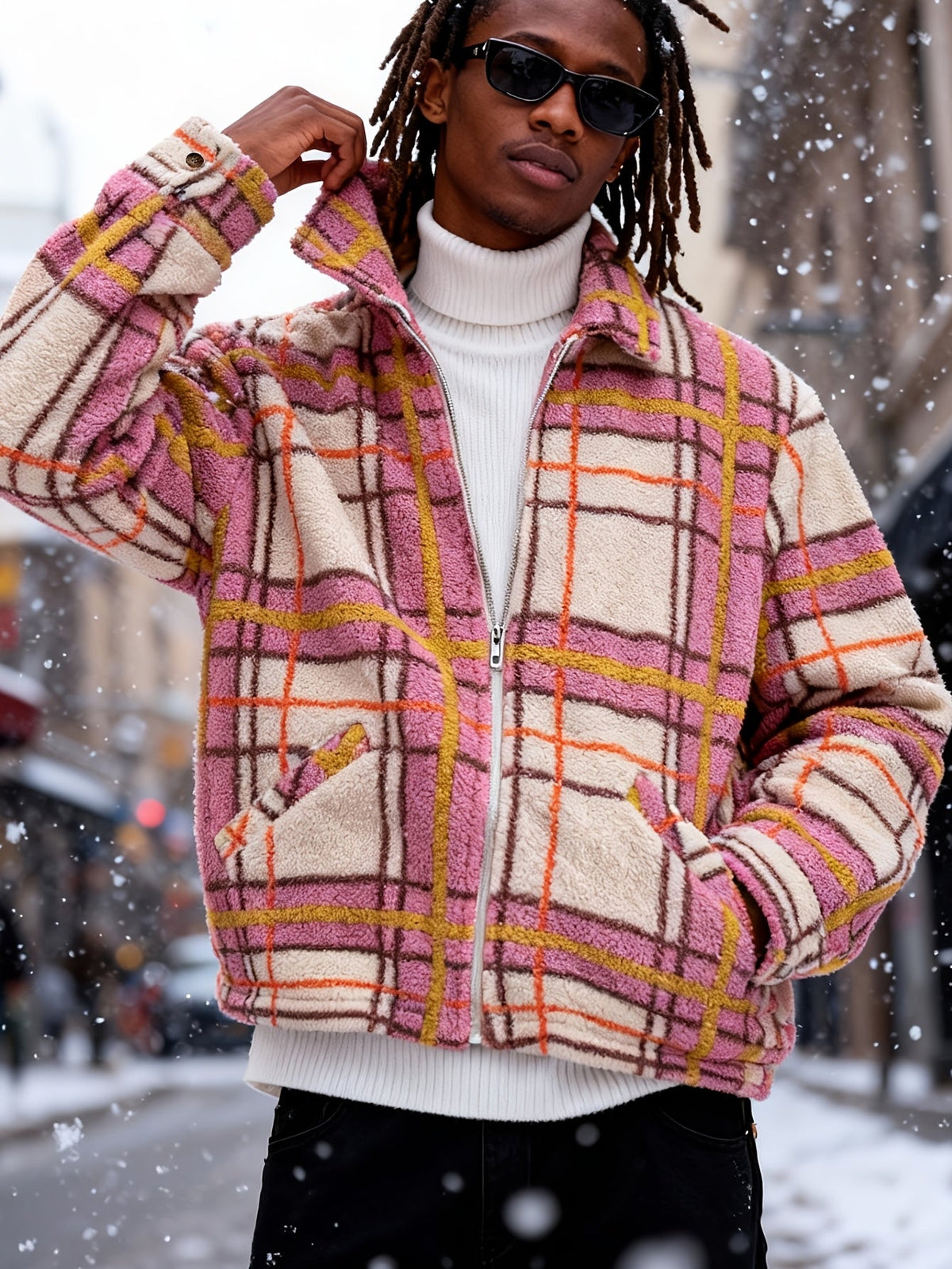 Men's Relaxed Plush Fleece Jacket with Pointed Lapels and Welt Pockets - Pink