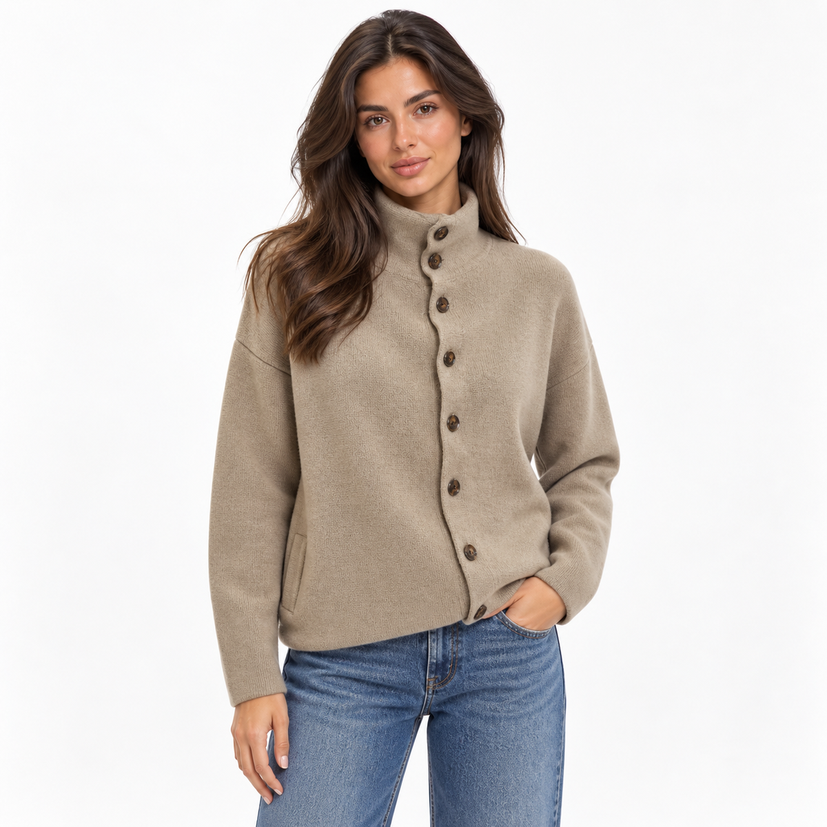 Women's Upright-Collar Buttoned Cardigan for Office Layering - Taupe