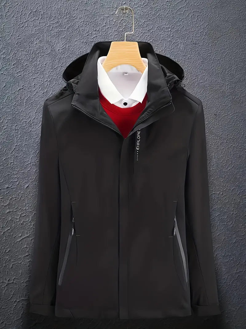 Women's Windproof Zip-Up Softshell Jacket with Hood and High Collar - Black