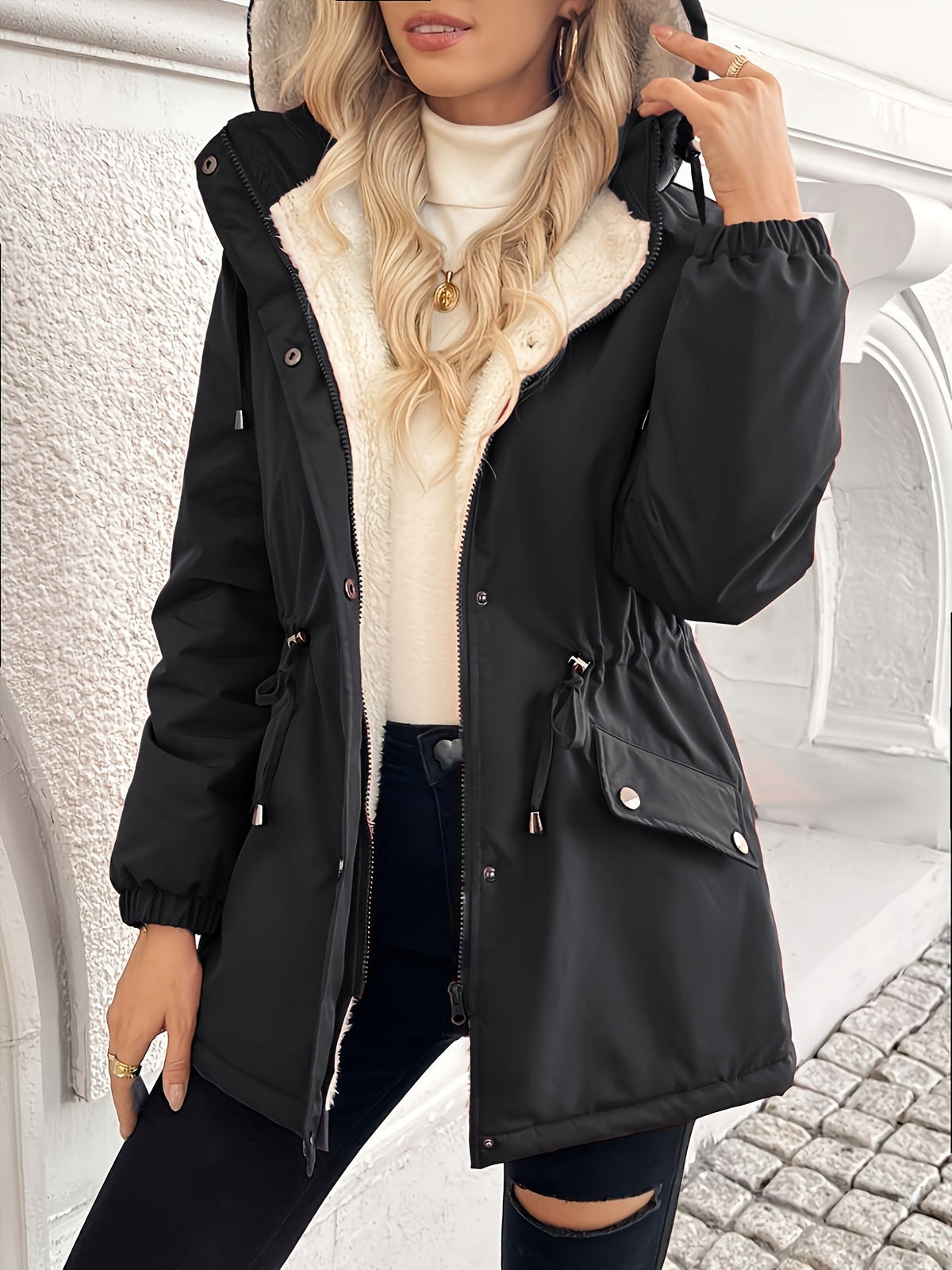 Women's Plush-Lined Winter Jacket with Close-Fitting Hood and Pockets