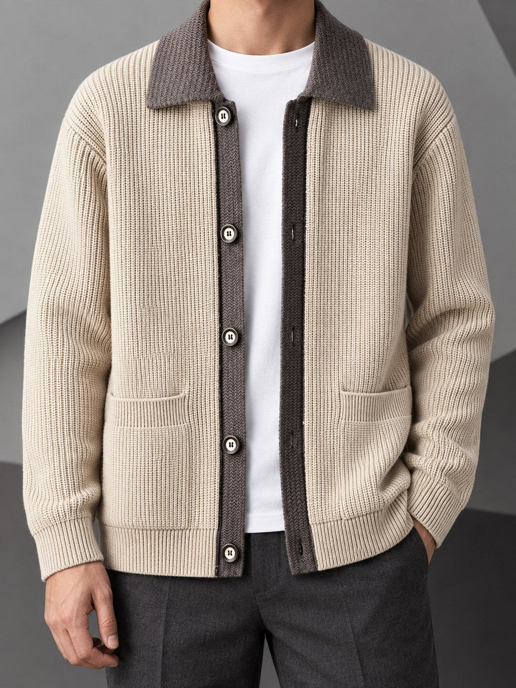 Men's Smart-Casual Rib Cardigan with Pointed Contrast Collar