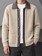 Men's Smart-Casual Rib Cardigan with Pointed Contrast Collar