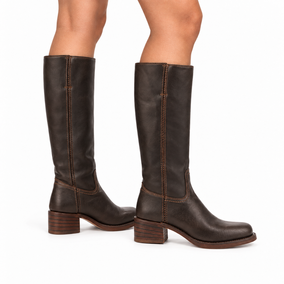 Women's Stitch-Panel Square-Toe Western Boots in Faux Leather - Dark Brown