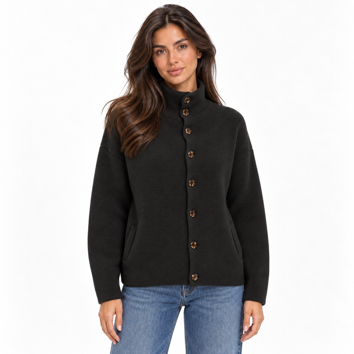 Women's Upright-Collar Buttoned Cardigan for Office Layering - Black