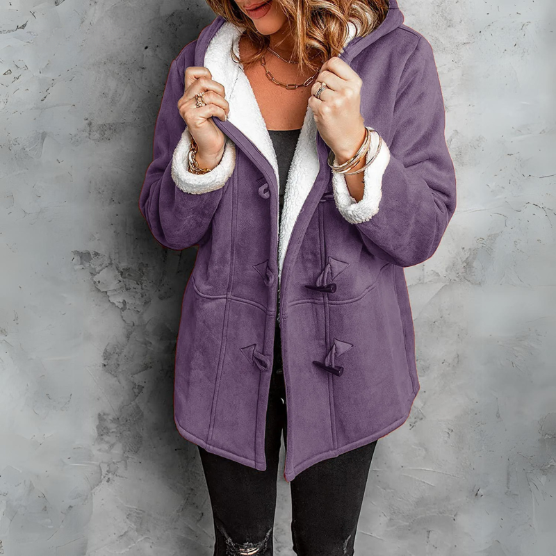 Women's Upper-Thigh Duffle Coat with Toggles and Plush-Lined Hood - Purple