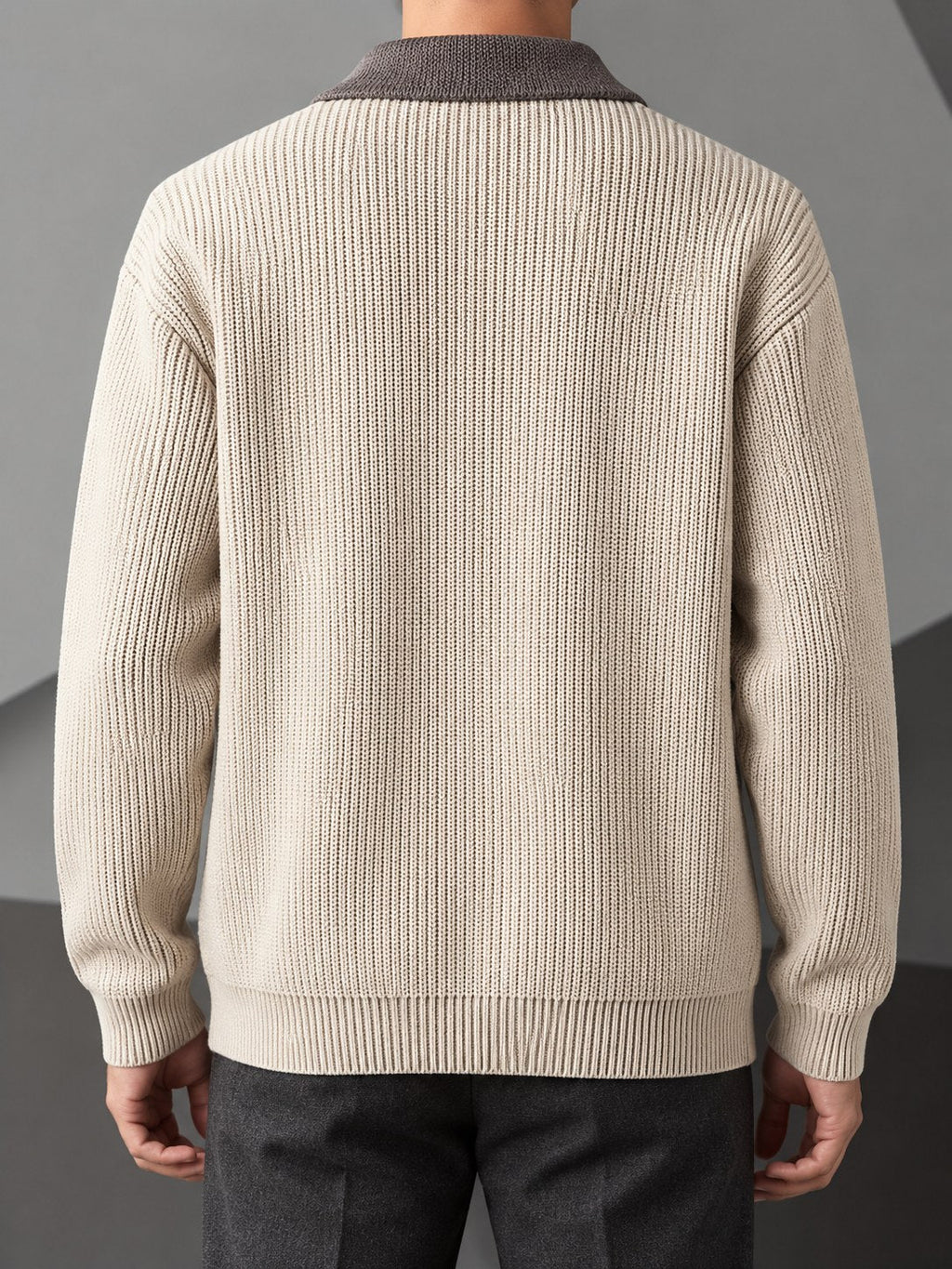 Men's Smart-Casual Rib Cardigan with Pointed Contrast Collar