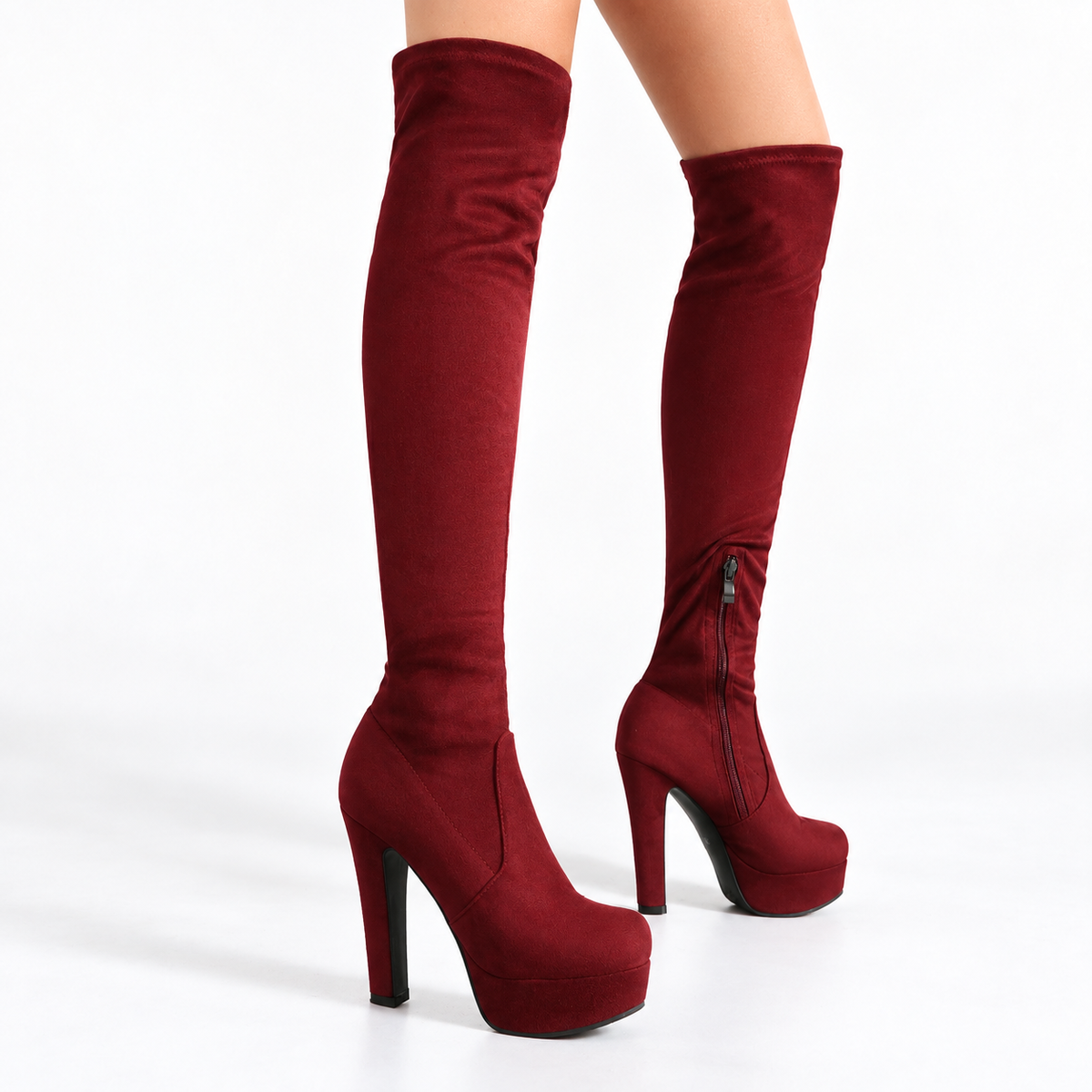 Women's Above-Knee Stretch Night-Out Boots with Platform Block Heel - Wine Red
