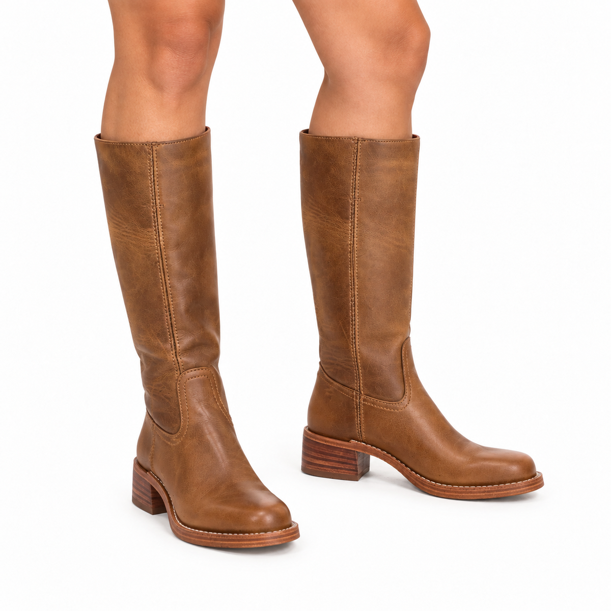 Women's Stitch-Panel Square-Toe Western Boots in Faux Leather - Brown