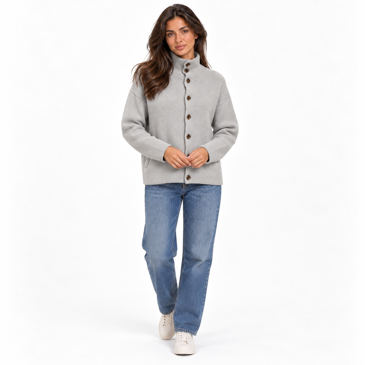 Women's Upright-Collar Buttoned Cardigan for Office Layering - Light Grey