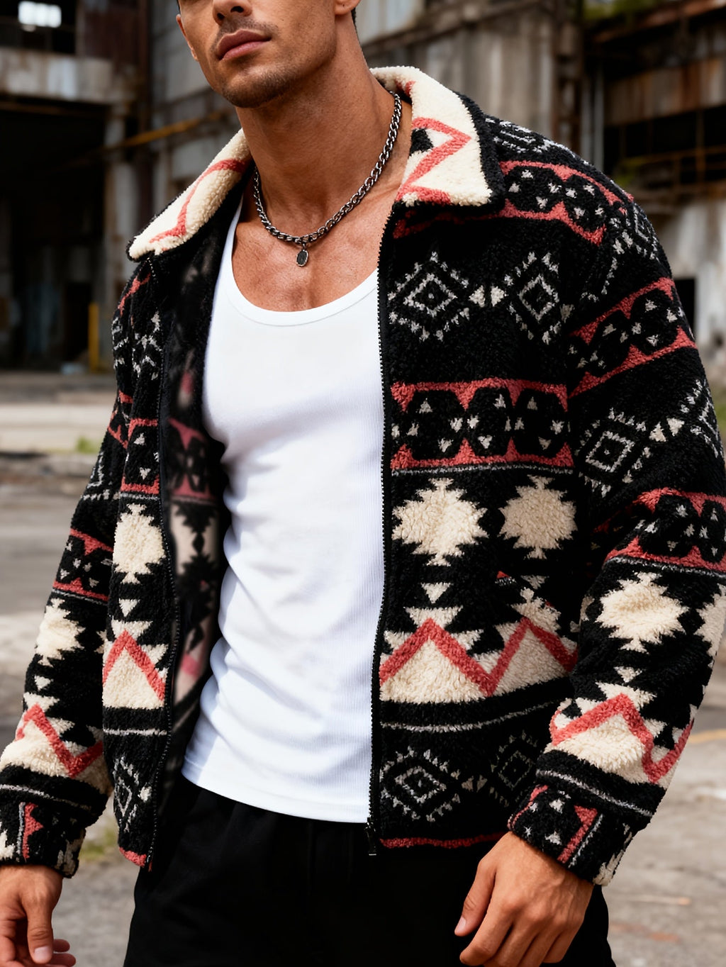 Men's Relaxed Plush Fleece Jacket with Pointed Lapels and Welt Pockets
