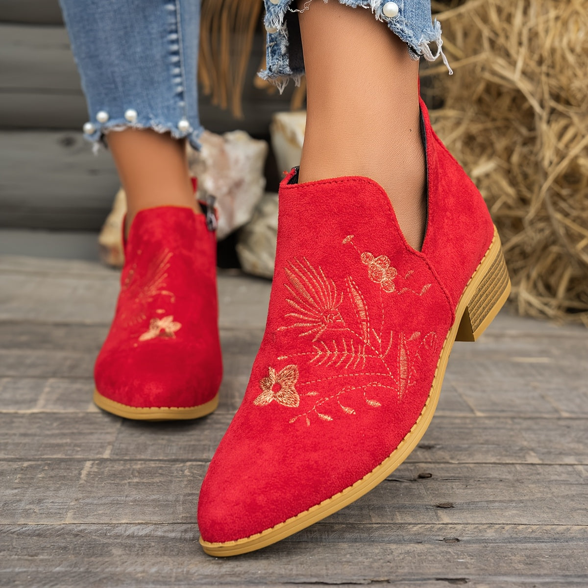 Women's Pointed V-Cut Ankle Boots with Stitched Embroidery - Red