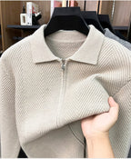 Men's Polo Collar Zip-Up Knit Jacket in a Chevron Pattern
