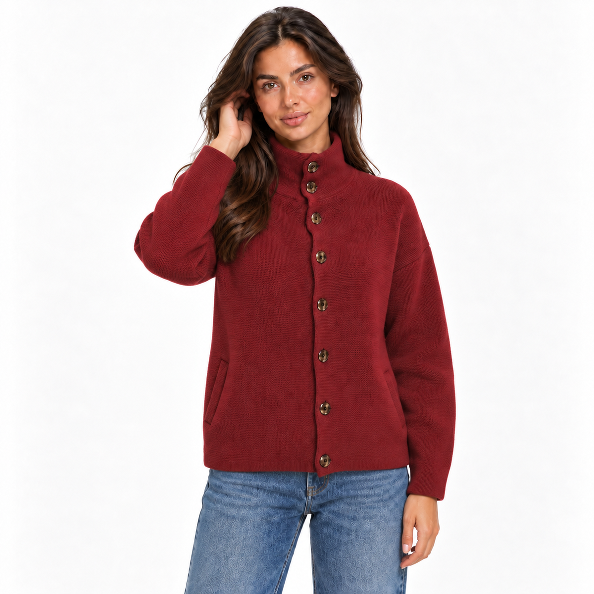 Women's Upright-Collar Buttoned Cardigan for Office Layering - Wine Red