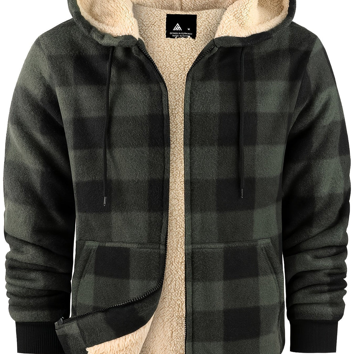 Men's Easy-Fit Hooded Jacket with Plush Lining and Front Pockets - Olive Green
