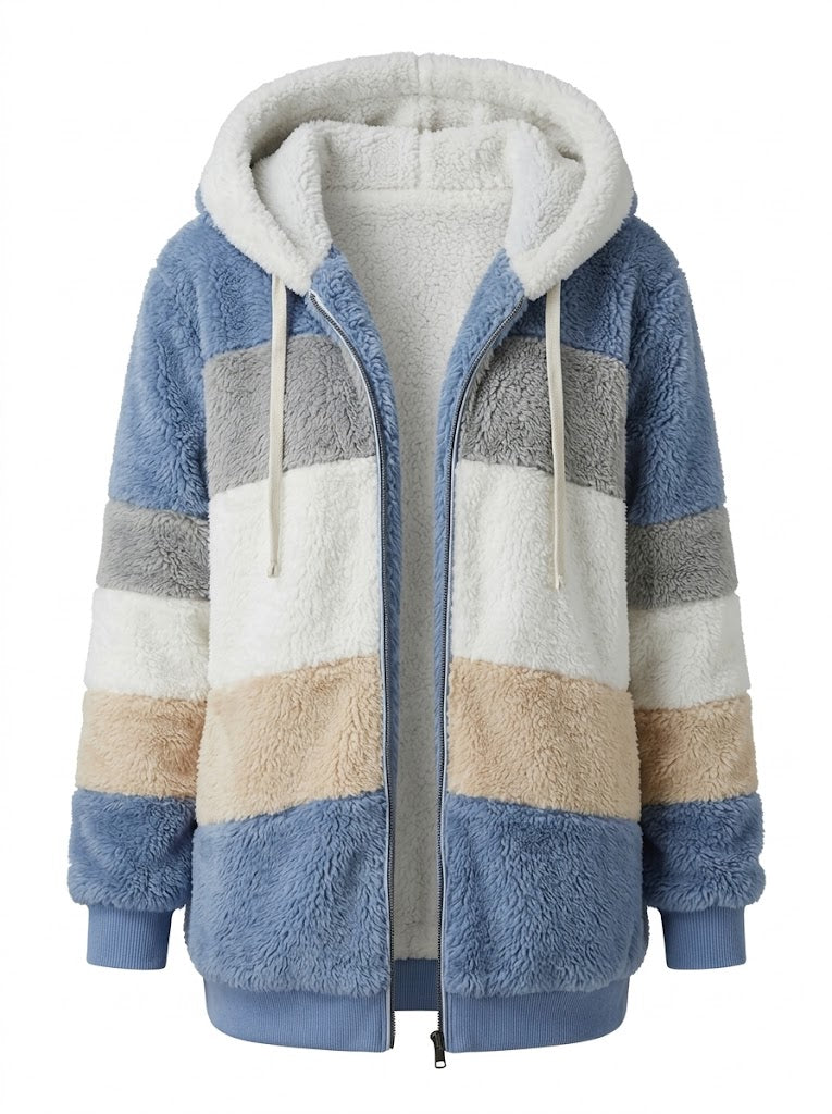 Women's Contrast-Stripe Teddy Fleece Jacket with Hood and Ribbed Hem - Blue
