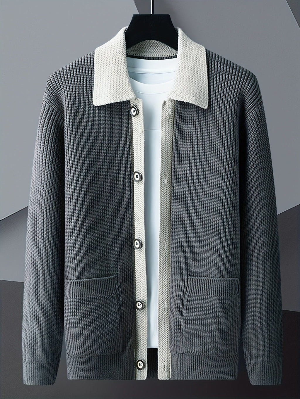Men's Smart-Casual Rib Cardigan with Pointed Contrast Collar