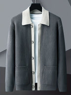 Men's Smart-Casual Rib Cardigan with Pointed Contrast Collar