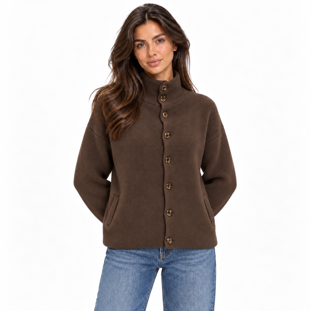 Women's Upright-Collar Buttoned Cardigan for Office Layering - Brown