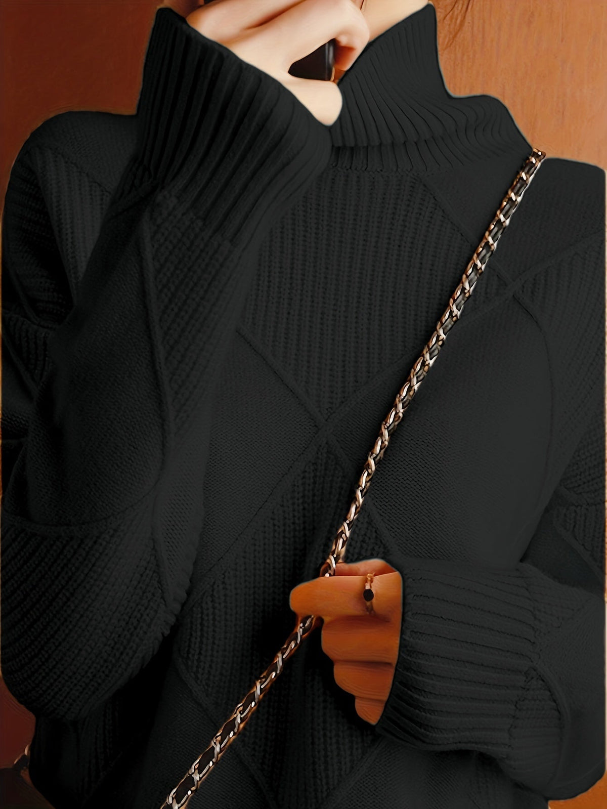 Women's Relaxed High Neck Jumper with Diamond Knit Pattern