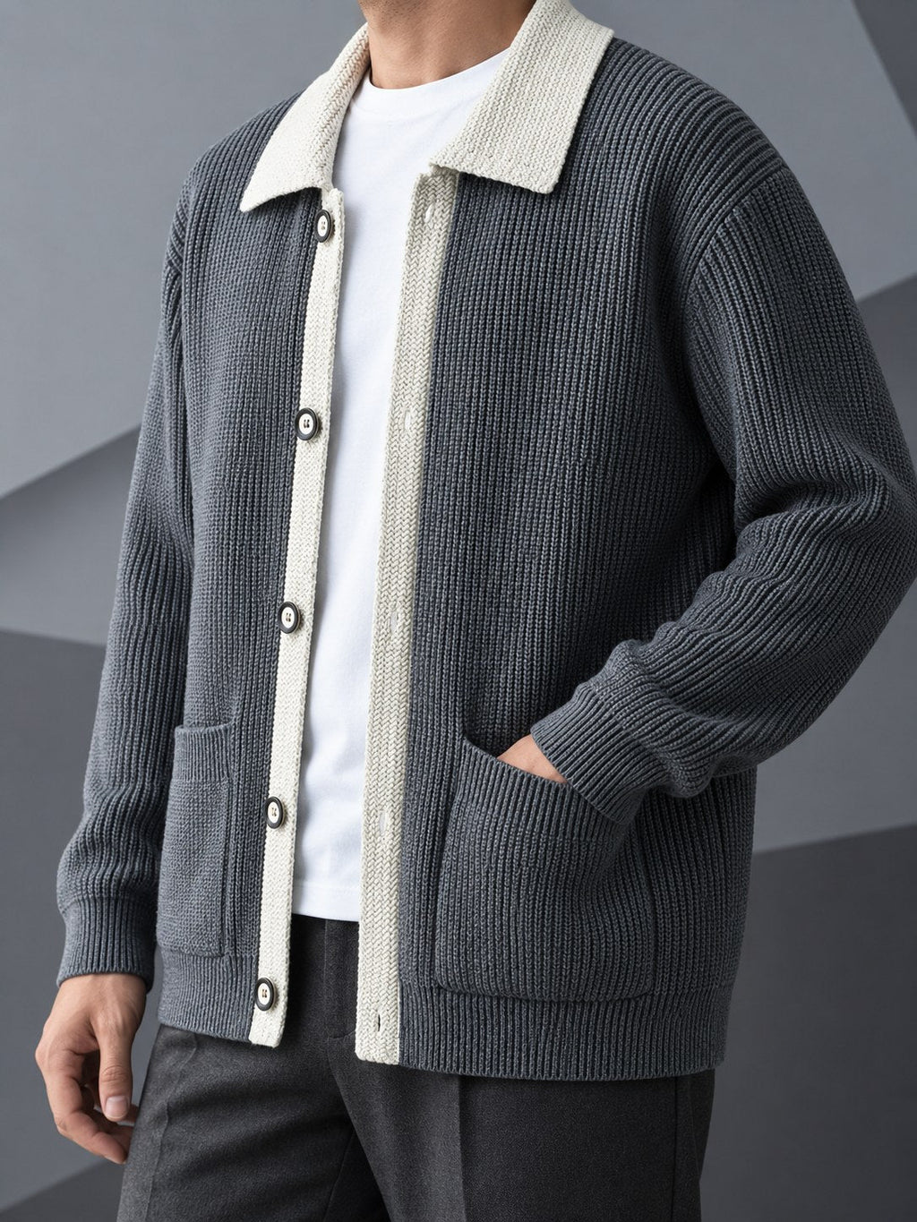Men's Smart-Casual Rib Cardigan with Pointed Contrast Collar