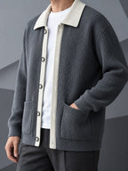 Men's Smart-Casual Rib Cardigan with Pointed Contrast Collar