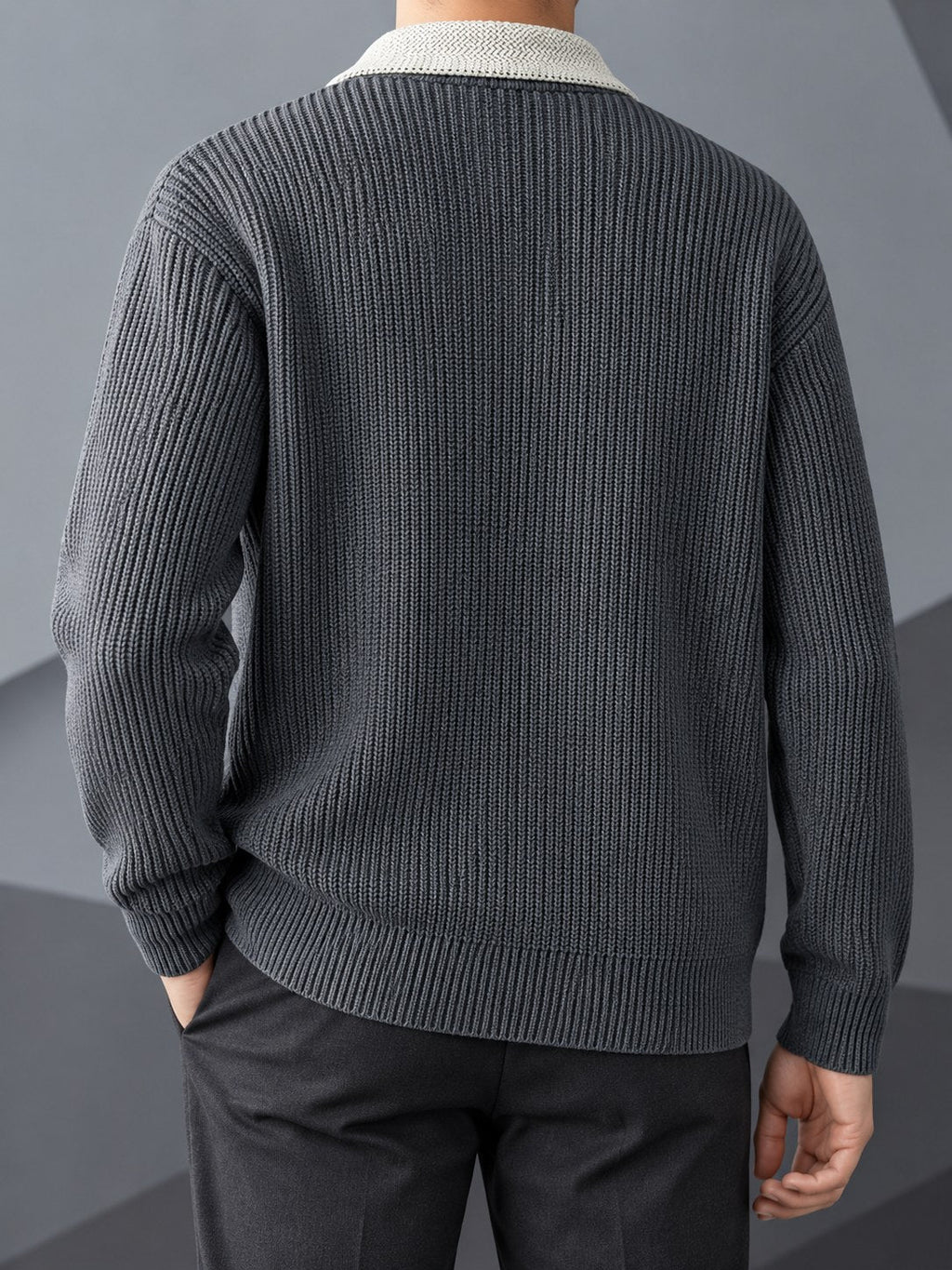 Men's Smart-Casual Rib Cardigan with Pointed Contrast Collar