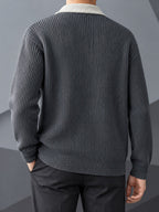 Men's Smart-Casual Rib Cardigan with Pointed Contrast Collar