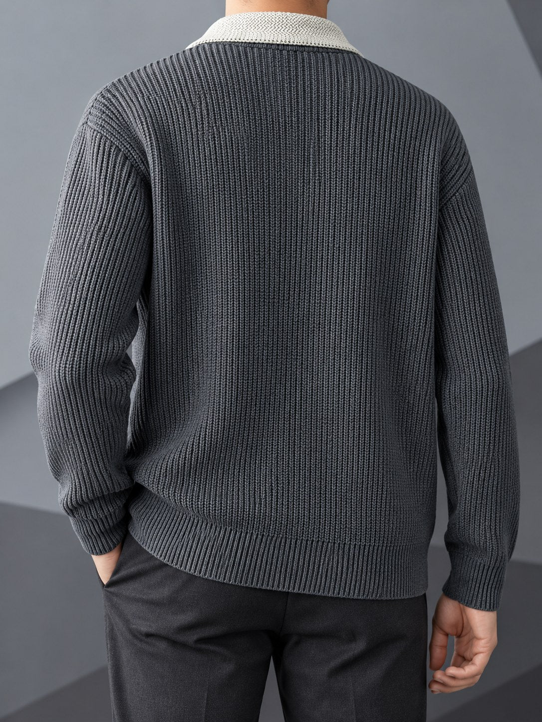 Men's Smart-Casual Rib Cardigan with Pointed Contrast Collar