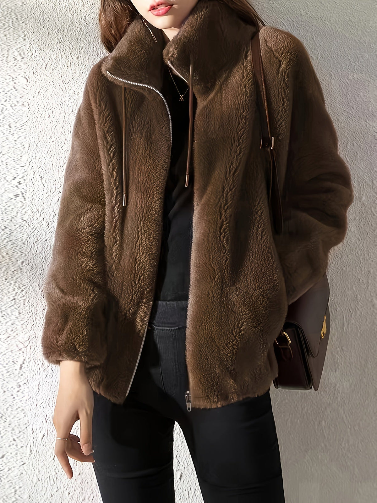 Women's Drawcord-Collar Plush Teddy Jacket in a Regular Fit - Dark Brown