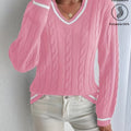 Women's Drop-Shoulder V-Neck Cable Jumper with Striped Trims - Pink