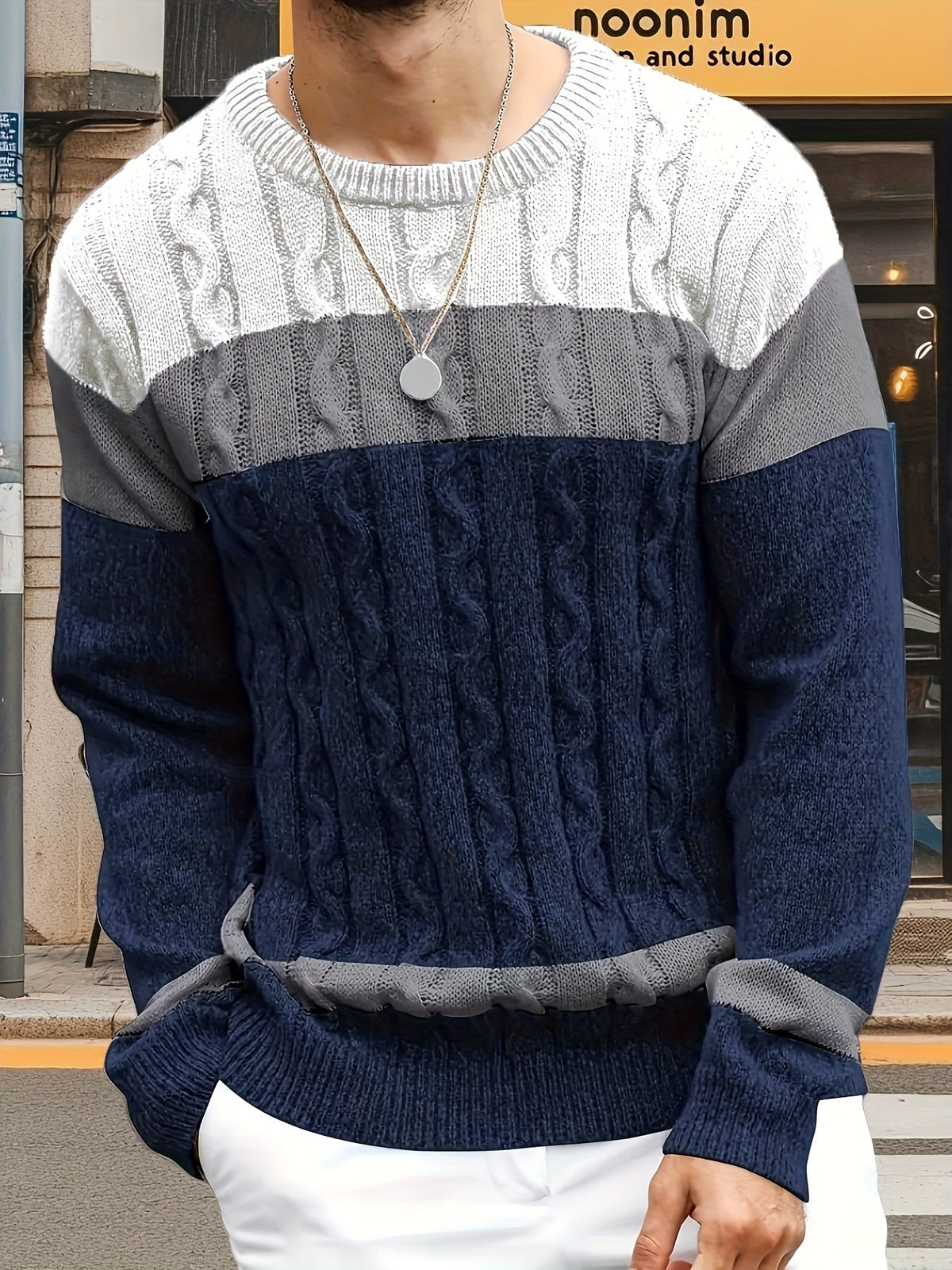 Men's Contrast-Panel Cable Knit Jumper
