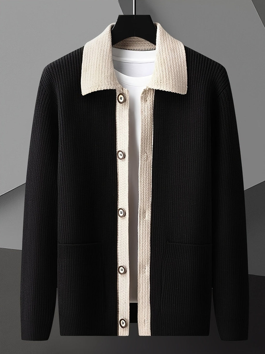 Men's Smart-Casual Rib Cardigan with Pointed Contrast Collar