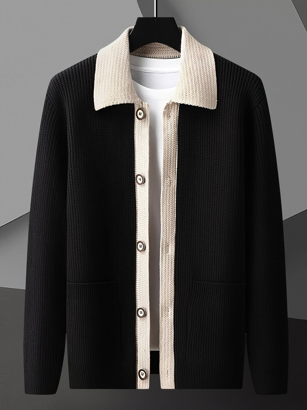 Men's Smart-Casual Rib Cardigan with Pointed Contrast Collar - Black