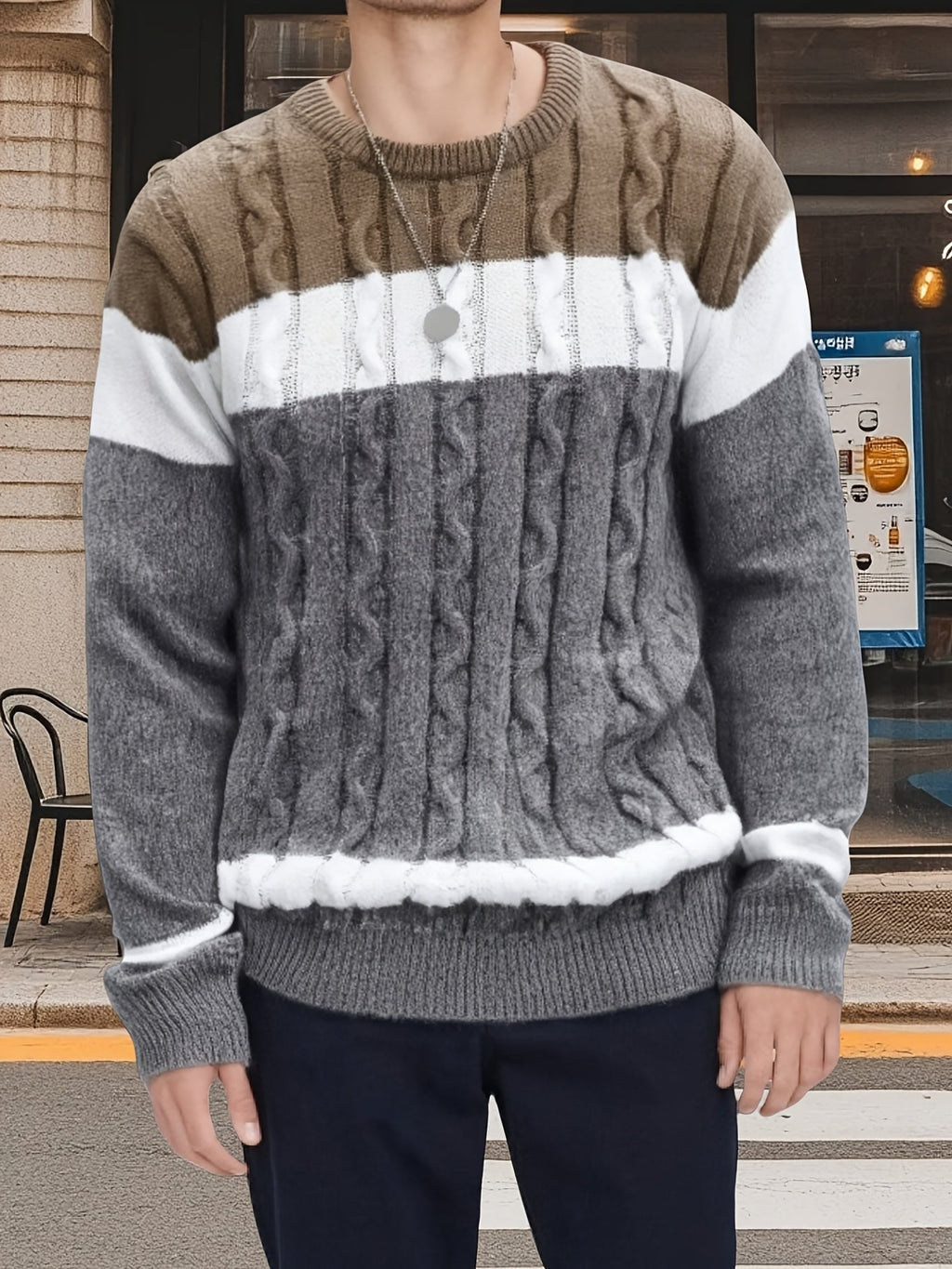 Men's Contrast-Panel Cable Knit Jumper