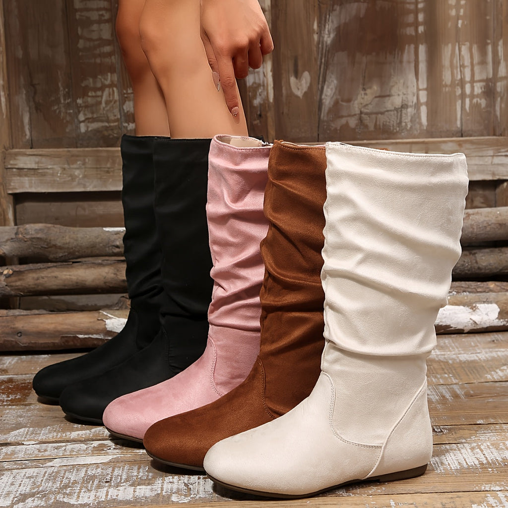 Women's Gathered Low-Heel Boots with Cushioned Footbed and Side Zip