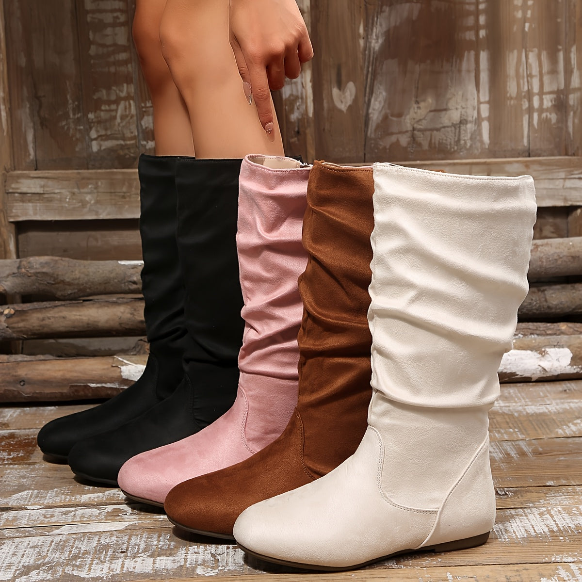 Women's Gathered Low-Heel Boots with Cushioned Footbed and Side Zip