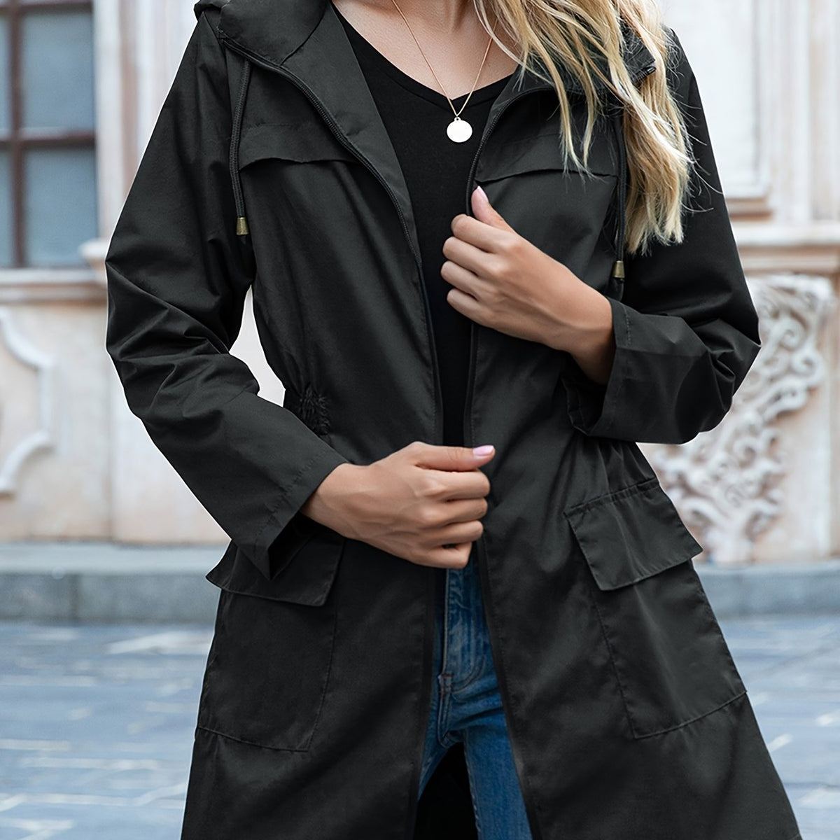 Women's Adjustable-Waist Lightweight Parka in a Longline Cut - Black