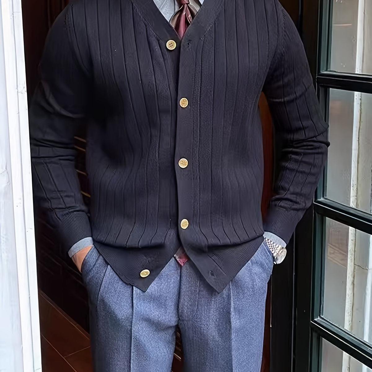 Men's Relaxed Knitted Cardigan with Button Front for Cool Evenings - Black