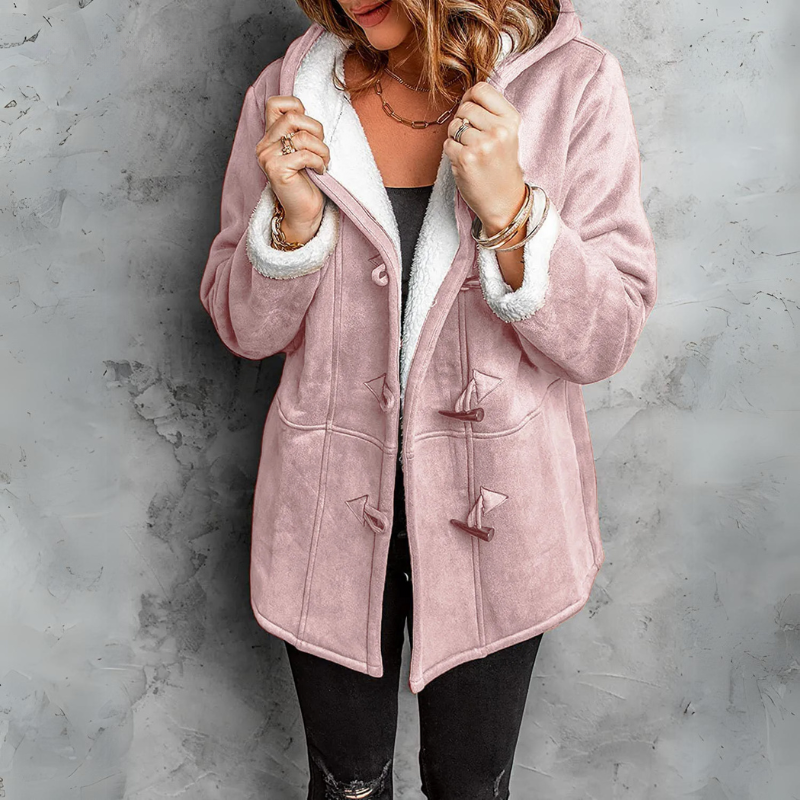 Women's Upper-Thigh Duffle Coat with Toggles and Plush-Lined Hood - Light Pink