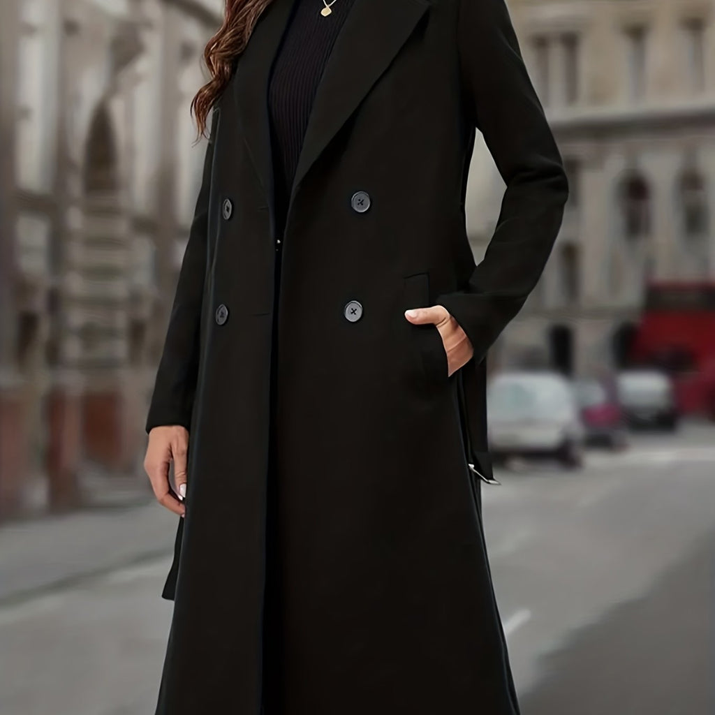 Women's Clean-Lined Double-Breasted Long Coat with Deep Pockets - Black