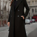 Women's Clean-Lined Double-Breasted Long Coat with Deep Pockets - Black