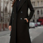 Women's Clean-Lined Double-Breasted Long Coat with Deep Pockets - Black