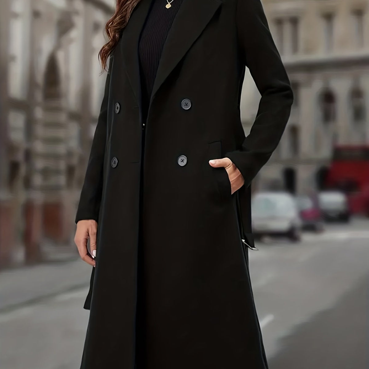 Women's Clean-Lined Double-Breasted Long Coat with Deep Pockets - Black