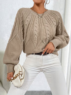 Women's Cable-Knit Jumper with Gathered Lantern Sleeves