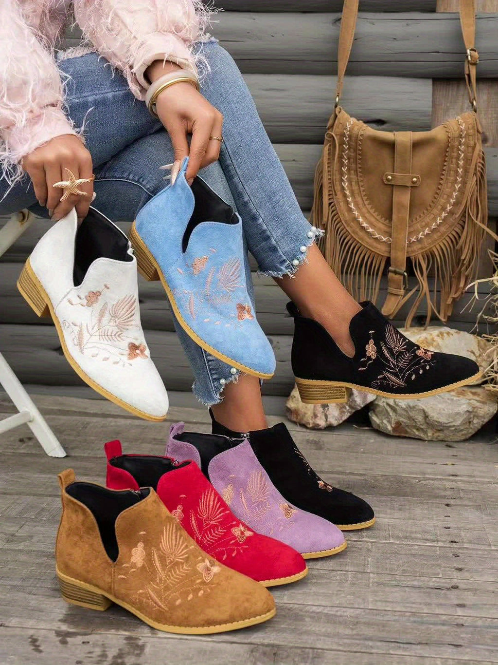 Women's Pointed V-Cut Ankle Boots with Stitched Embroidery